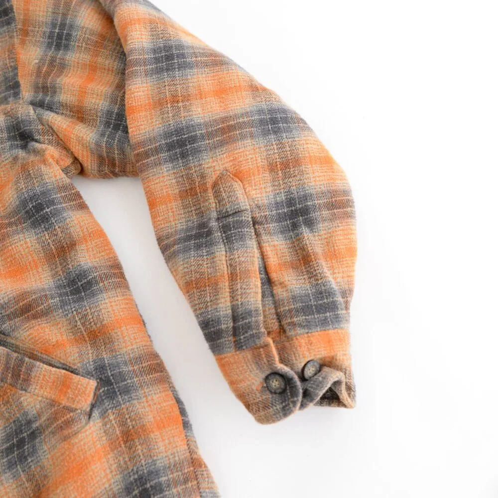 VTG Route 66 Orange And Gray Plaid Fleece Lined Button Up Hooded Sweater  Jacket - Picture 4 of 11